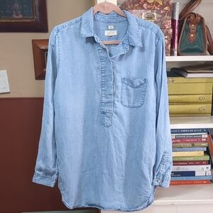 LOFT Tencel Chambray Button Down Tunic Pop Over Shirt Size Medium